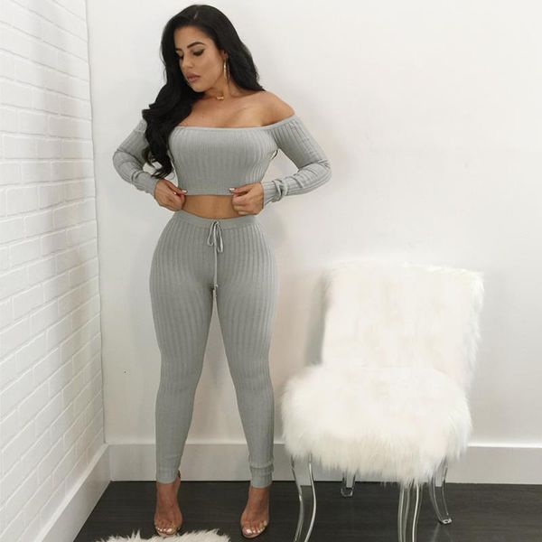 

ribbed women 2 piece set solid off shoulder long sleeve cropped blouse lace up high waist elastic pants women set suits, Gray