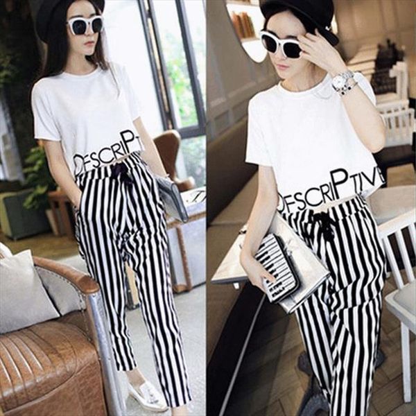 

women two piece set ol office wear letter printed striped pants calf length casual tracksuit female 2 piece suit, Gray