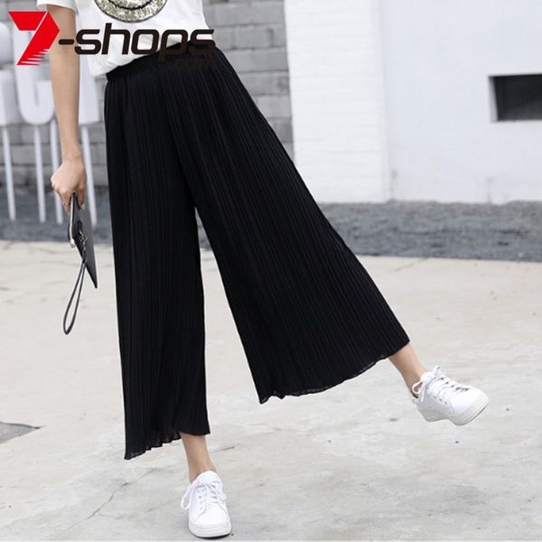 

women wide leg pant solid color pant female high waist pleated thin chiffon plus size casual ladies culottes trousers y200418, Black;white
