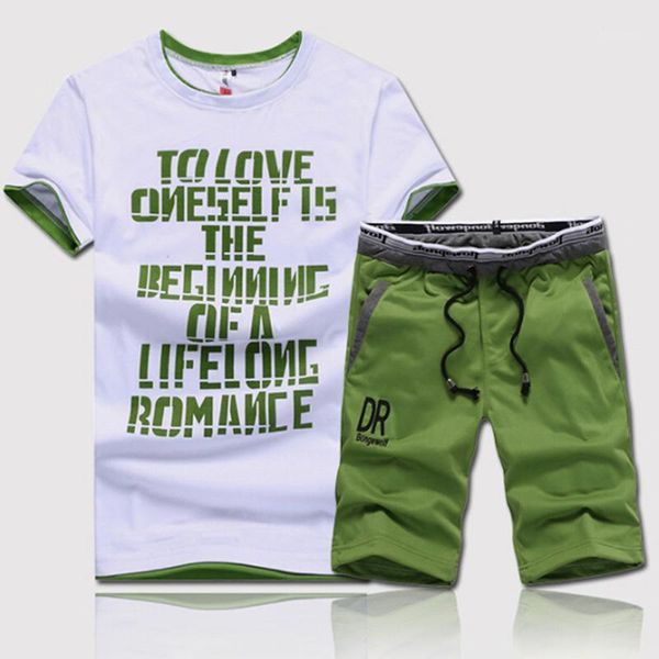 

outdoor t-shirts summer short 2piece set fitness clothes man casual o-neck letters printed tees + drawstring shorts set1, Gray;blue