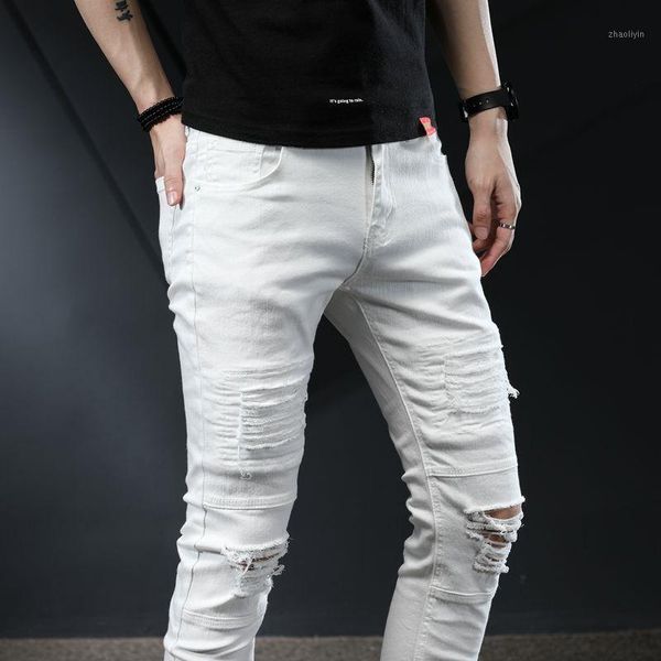

2020 fashion streetwear men jeans white color slim fit destroyed ripped jeans men patchwork designer elastic hip hop pants1, Blue