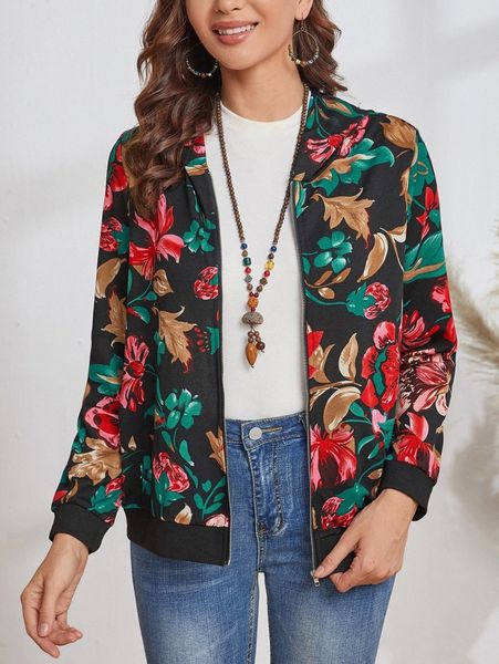 

emery rose floral print zip up hooded jacket f69v#, Black;brown