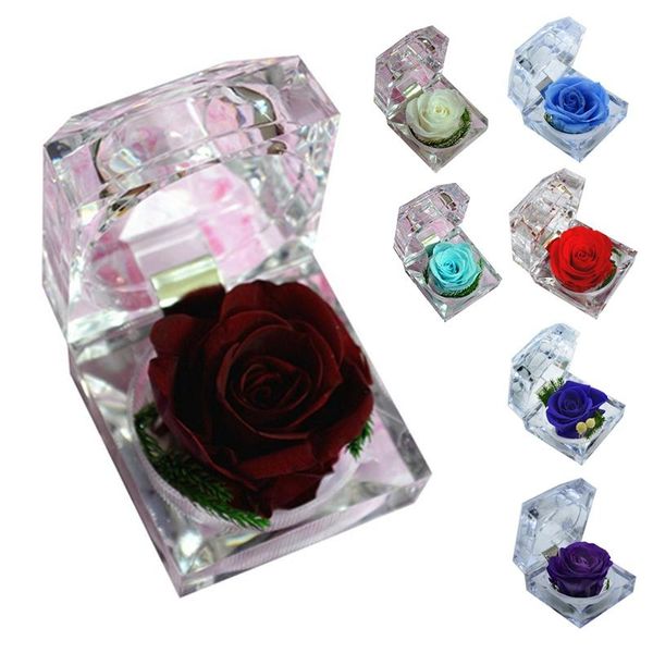 

handmade preserved rose with acrylic crystal ring box for proposal engagement