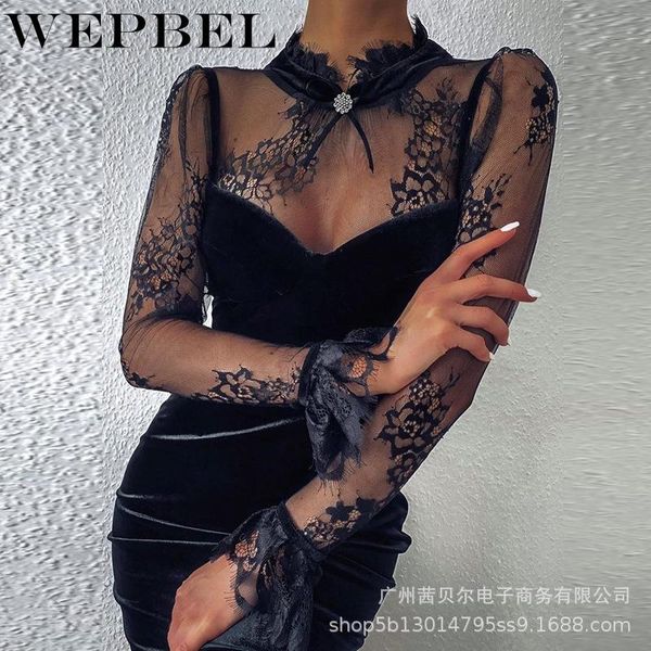 

wepbel женская сексуальная стройная подходящая лоскутное кружевное платье осень элегантный сплошной цвет сетки с длинным рукавом стойки воро, Black;gray
