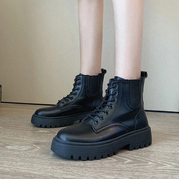 

cootelili platform women's boots patent leather boots flat shoes mujer ankle for women lace up basic black fashion #bd7c