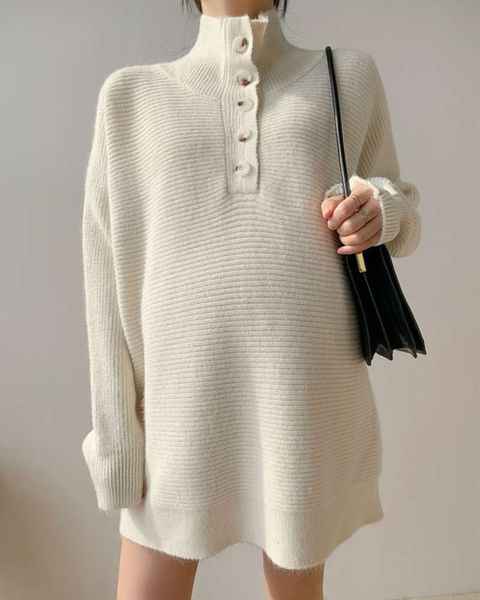 

sweater pregnant women's autumn and winter wear new korean loose medium length solid color high collar knitted cloth warm bottom coat, White