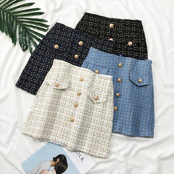 

bright silk a line short skirt women autumn winter high waist plaid button skirts casual slim female skirt bottoms faldas 2021, Black