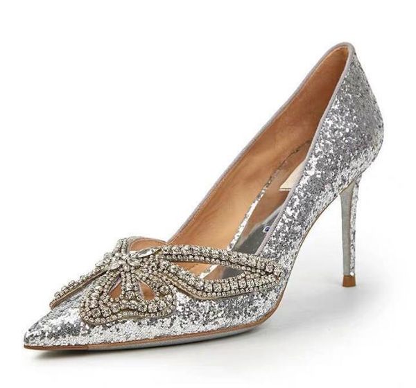 

carpaton silver glitter embellished wedding shoes woman pointed toe crystal butterfly-knot party dress heels stiletto heels, Black