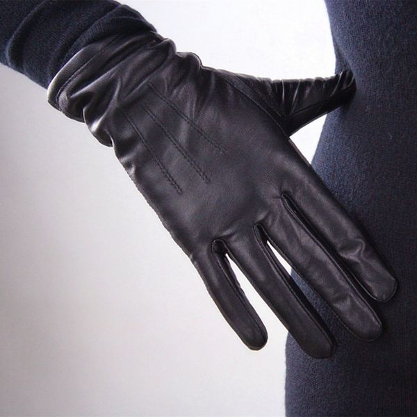 

genuine leather pure sheepskin gloves female black medium and long section basic woman plush lined keep warm mittens tb13 201019, Blue;gray