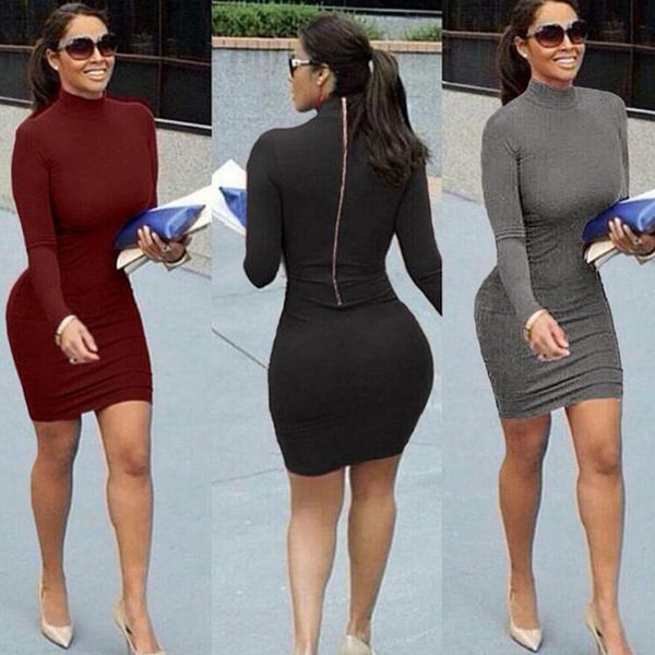 

high elastic long sleeve package buttocks tight dress back zipper turtle neck skinny dress for women, Black;gray