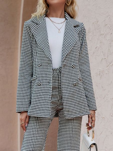 

simplee lapel neck houndstooth print blazer j6pq#, White;black