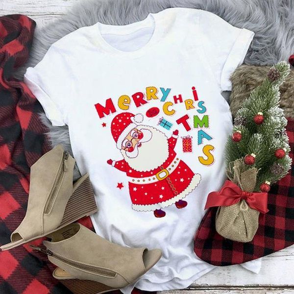 

chirstmas gift woman t shirt fashion casual tshirt ladies funny santa claus print t-shirt girls cartoon short sleeve, White