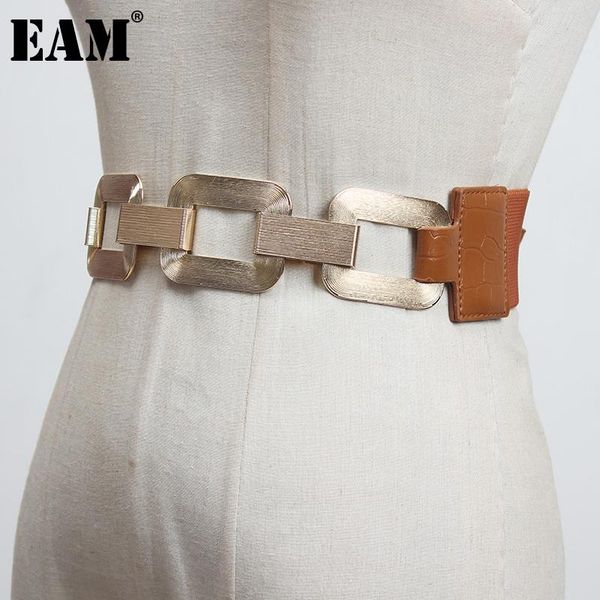 

[eam] pu leather metal buckle split joint wide belt personality women new fashion tide all-match spring autumn 2021 1db823, Black;brown
