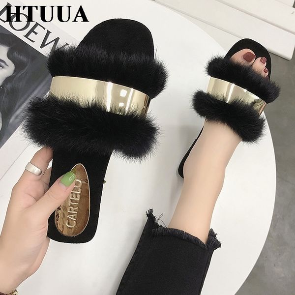

htuua пушистого меха тапочки женщин мода металл bling fur слайды плоский вьетнамки лето зима главная трусы женская обувь sx1495 y200107, Black