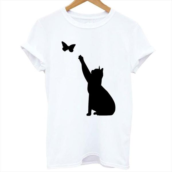 

2021 women t shirt cartoon cat catching butterfly print female tshirt casual funny short sleeve tees t shirt women clothing, White