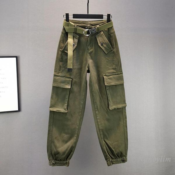 

army green harem pants lady 2020 spring and autumn new high waist loose all-matching pockets jeans trousers, Blue