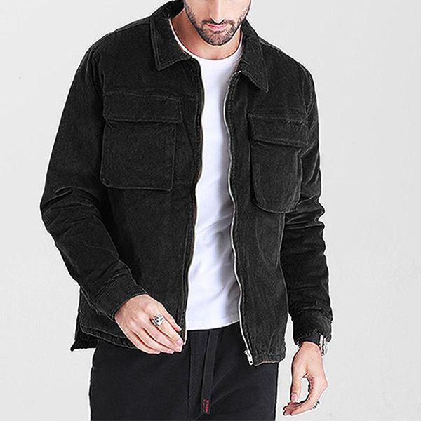 

men's jackets retro corduroy jacket with big pockets spring autumn long sleeve lapel outerwear fashion casual solid color zipper coat, Black;brown