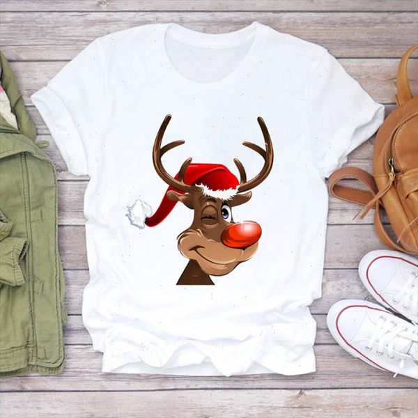

women cartoon funny hat cute deer new year 90s merry christmas print lady t shirts t shirt ladies graphic female tee, White