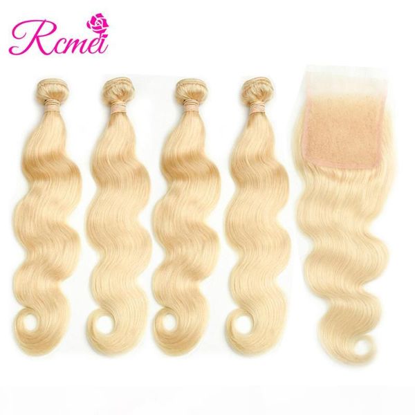 

rcmei 613 blonde color human hair 10-26 inch body wave hair straight hair 4 bundles with 4x4 lace closure ing, Black;brown