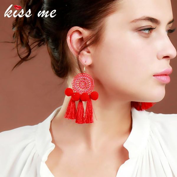 

dangle & chandelier kiss me bohemian earrings design hollowed flower pompon tassel big drop women ethnic jewelry, Silver