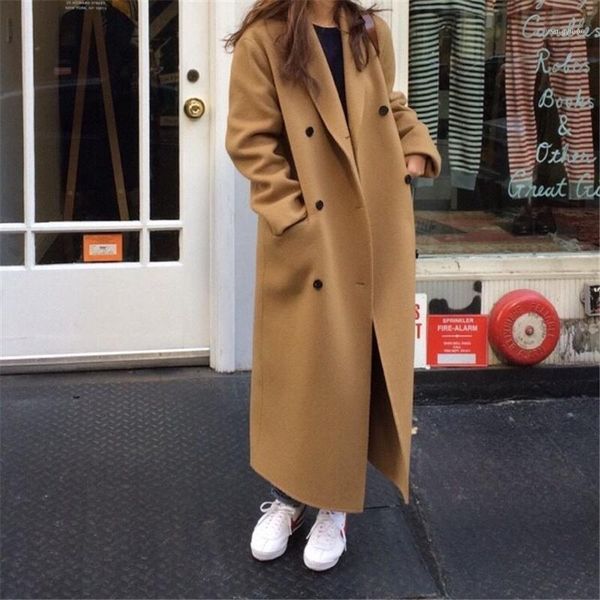 

korea women autumn winter double breasted long wool coat ladies notched collar overcoat fashion loose woolen jacket female g5641, Black