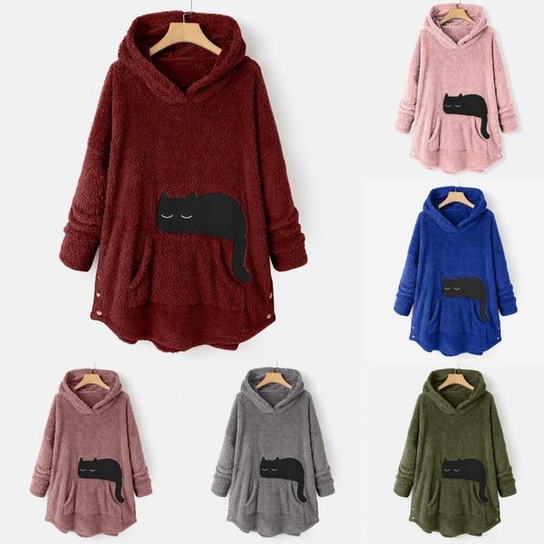 

women button hooded pullover loose sweater plus size thicken plush blouse hooded parkas fleece fluffy button warm padded, White;black