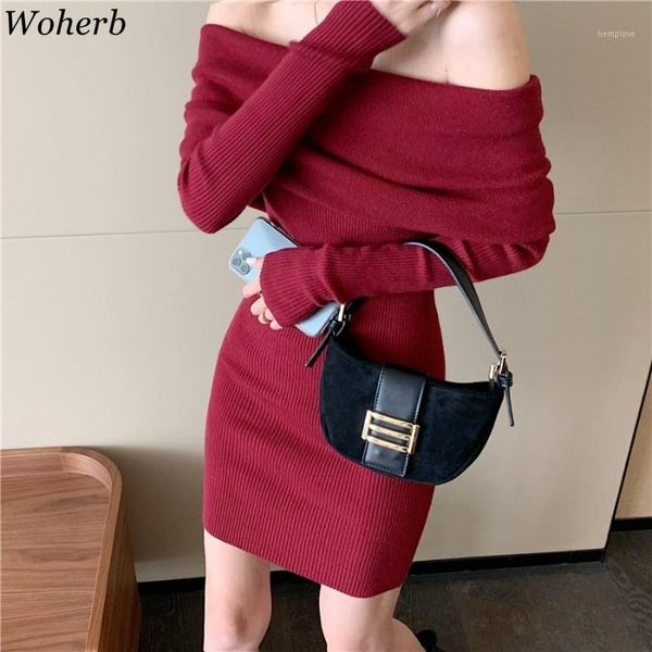 

woherb off shoulder knitted vestidos solid all match fashion women dress bodycon mini robe 2020 spring autumn patry dresses1, Black;gray