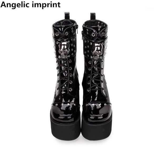

angelic imprint mori girl women motorcycle punk boots lady lolita boots woman high heels pumps wedges shoes rivets skull 10cm1, Black