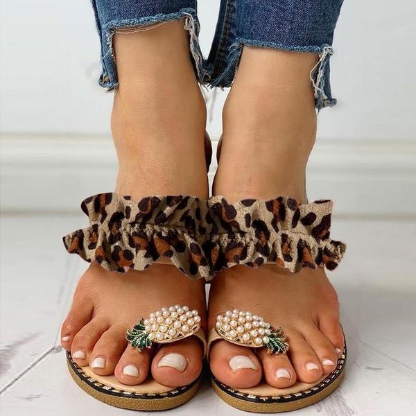 

summer women slipper fashion pineapple pearl flat bohemian leopard print casual beach sandals ladies shoes 2021 zapatillas mujer, Black