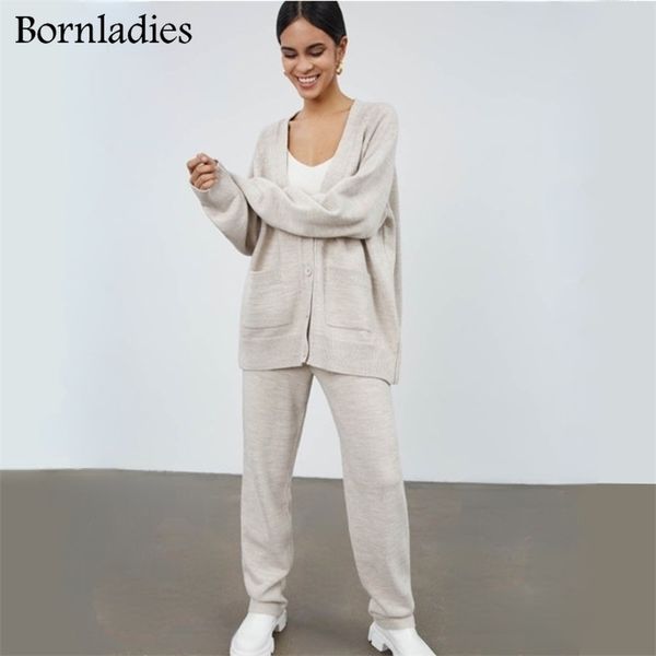

bornladies autumn winter ladies loose 2 pieces set v nexk pullover sweater & lace-up skinny pants casual women knitted sets 211221, White