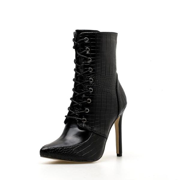 

pointed thin high heel black lace-up riding boots women snake europe and the united states foreign trade women's shoes