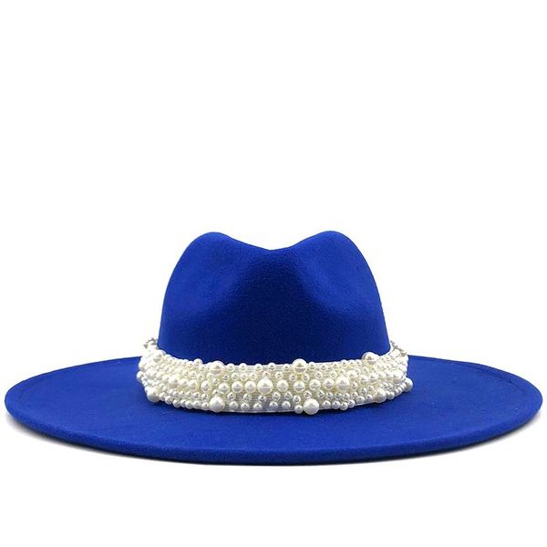 

british style winter wool solid classic fedoras cap men women panama jazz hat pearl band 9.5cm wide brim big white fedoras, Blue;gray