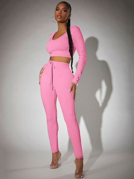 

scoop neck solid crop & knot waist leggings set 05gk#, White