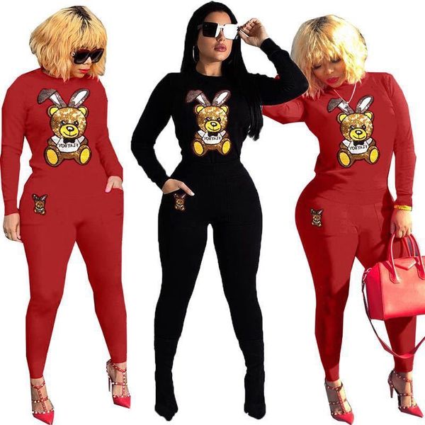 

new arrival sweater sequins stitching bear casual red 2 piece suit