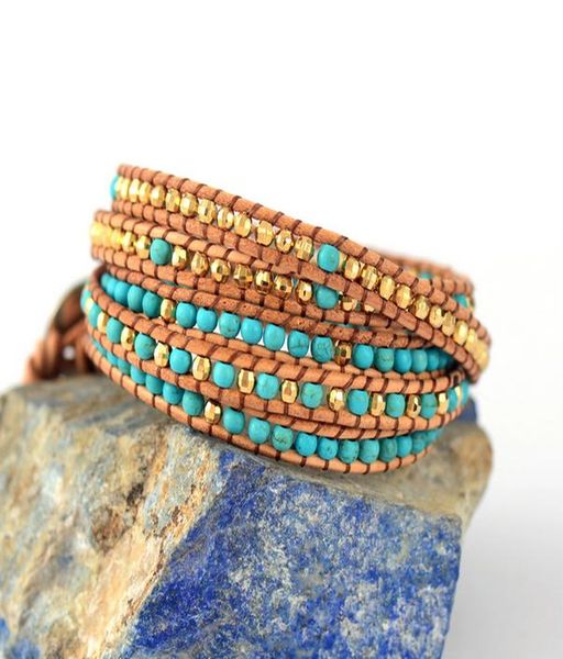 

boho женщины кожаный браслет уникальные камни золото цвет шариков 5 пряди wrap браслеты ручной работы бисер браслет dropshipping wmtchf otsw, Golden;silver