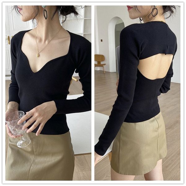 

2021 new personality early spring short black v-neck open back design sense of slim mercerized cotton knit bottoming shirt women lztg, Black;white