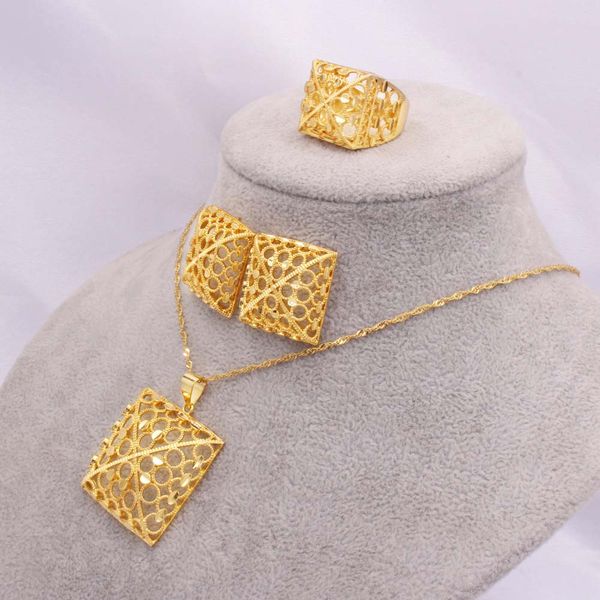 

ethiopia 18k gold color hollow square jewelry sets for women africa wedding gifts bridal party necklace earrings ring sets, Silver