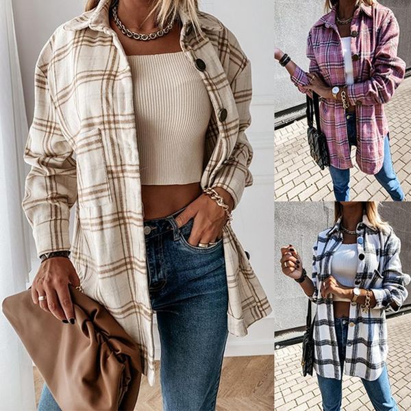 

women's long sleeve plaid pocket jacket winter coat fashion jacket retro elegant street ladies clothing casual shirt loose, Black;brown