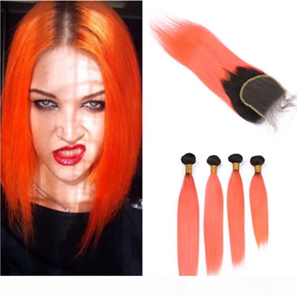 

#1b orange ombre bundles and closure brazilian straight dark root and orange ombre weaves human hair 4 bundles with lace closure 4x4, Black;brown