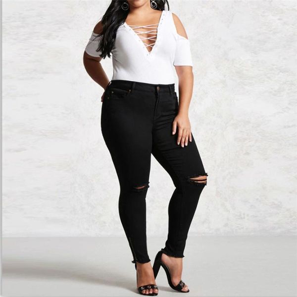 

women's high waist extra large size jeans stretch denim pant thin hole pencil distressed ripped freyed slim fit pocket trousers1, Blue