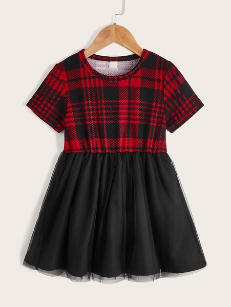 

toddler girls plaid mesh hem dress she, Red;yellow