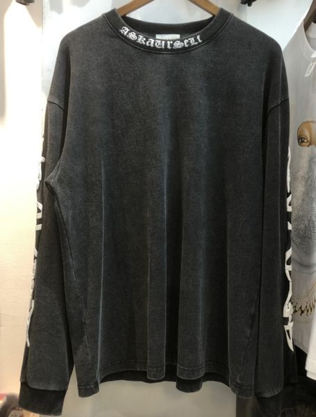 

trendy ask tight neck thin sweater foam printing men's wash used hip hop loose long sleeve t-shirt, Black