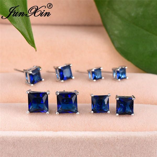 

simple stacking 4/5/6/7mm square stone earrings royal blue zircon crystal stud earrings for women wedding men ear studs, Golden;silver