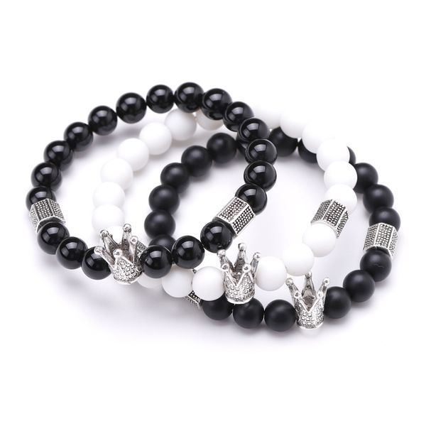 

handmade white black bead link silver crown charm bracelet for men women