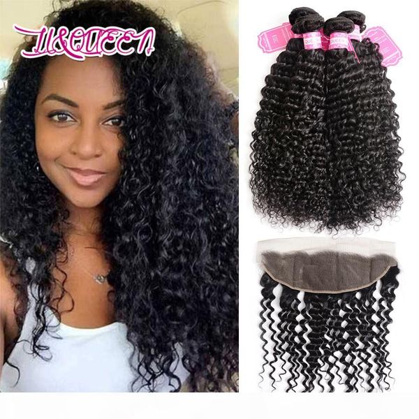 

7a mongolian human hair 4 bundles with 13x4 lace frontal closure deep wave hair weft with ear to ear closure unprocessed virgin hair, Black;brown