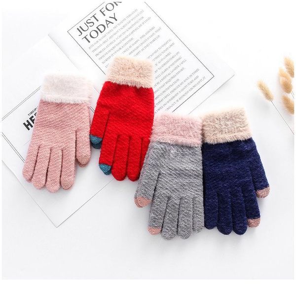

touch screen glove woman winter keep warm thickening knitting gloves lovely wool imitate plush mink the five fingers hiv sqcmjs, Black