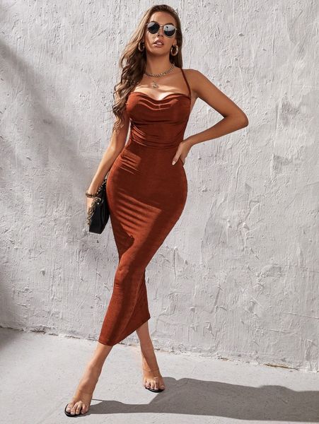 

tall draped collar backless knot bodycon dress 50wj#, Black;gray