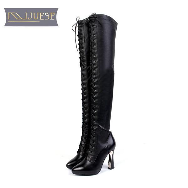 

boots mljuese 2021 women over the knee high cow leather black color hoof heels thign size 34-39 winter warm