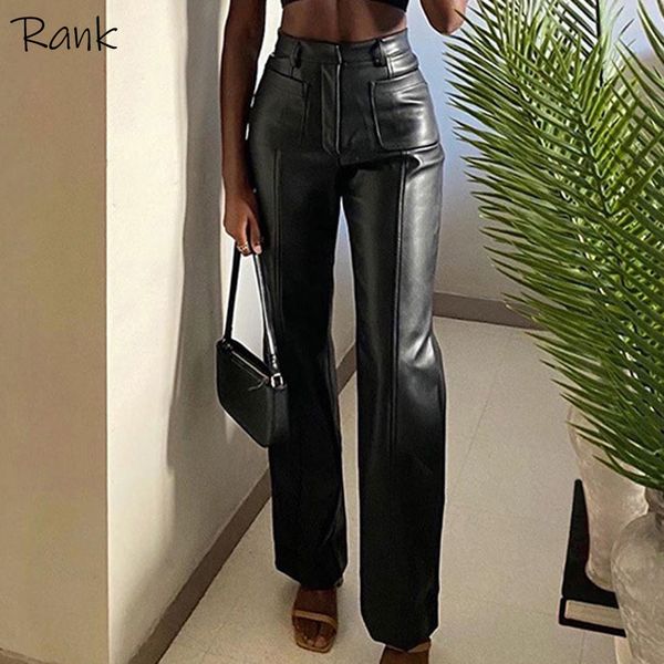 

women loose patchwork leather trouser elastic high waist pu leather pants straight leather pants female pockets mujer pantalone y1214, Blue