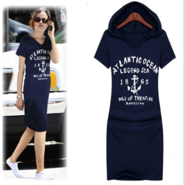 

women fashion print letters anchors bandage dresses summer style casual dress short sleeve plus size hooded vestidos iu659167, Black;gray